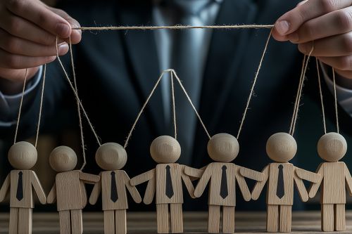 Puppenspieler im Anzug mit Holzpuppen