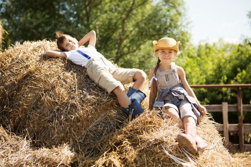 Zwei Kinder sitzen auf Heuhaufen